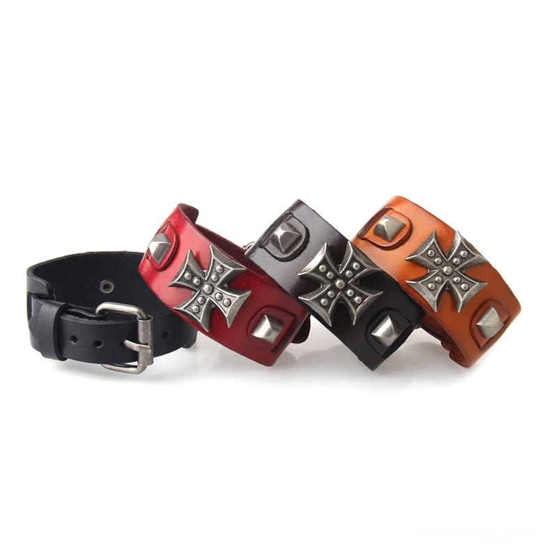 Coffee brown leather gothic cross bracelet angled side detail view showcasing metal cross and studded texture