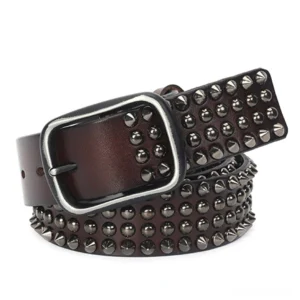 Coffee brown studded leather gothic belt with vintage leather finish and metal studs, front angled view