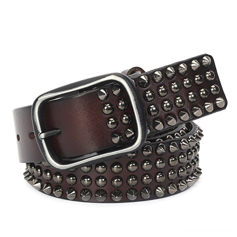 Coffee brown studded leather gothic belt with vintage leather finish and metal studs, front angled view