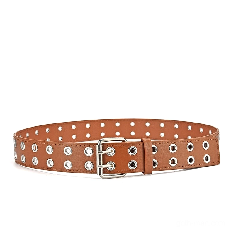 Tan coffee brown gothic rivet belt with single pin buckle and metal eyelet details, side view