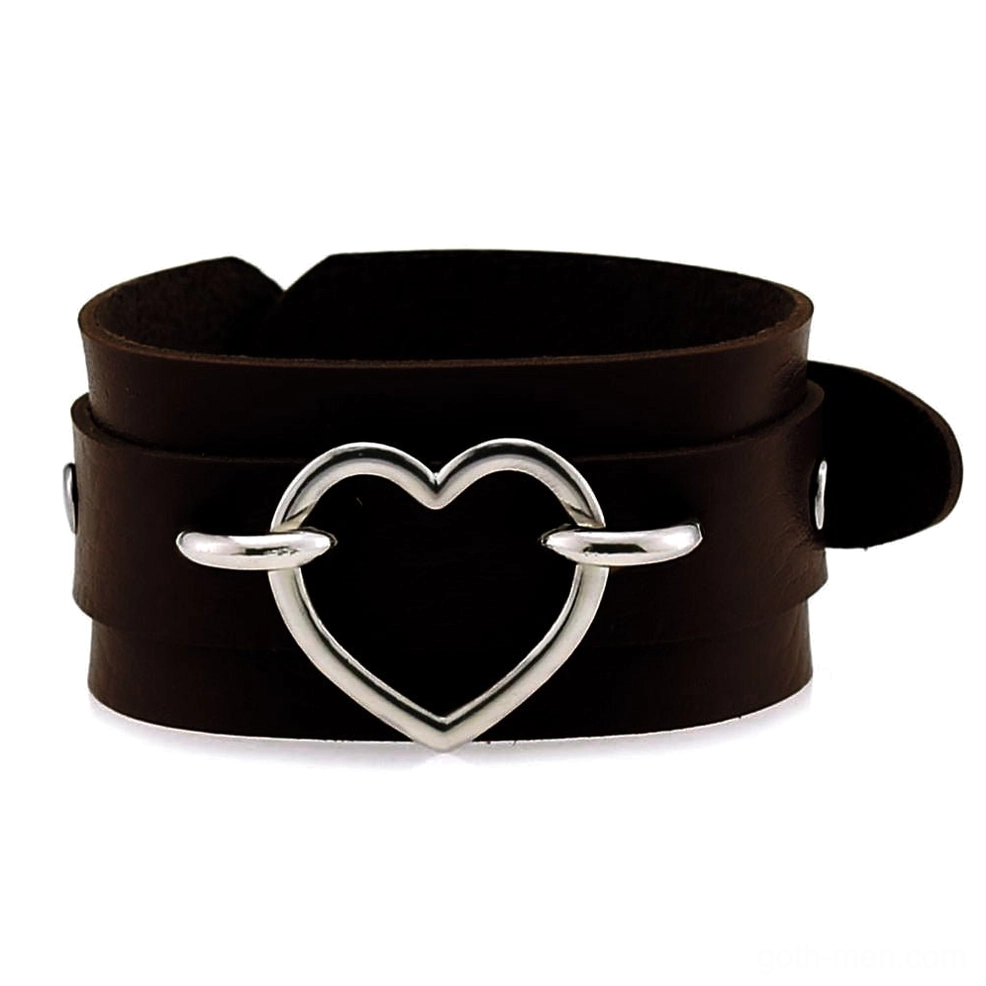Coffee brown leather double-layer heart cuff bracelet with silver heart buckle, neutral gothic jewelry flat lay