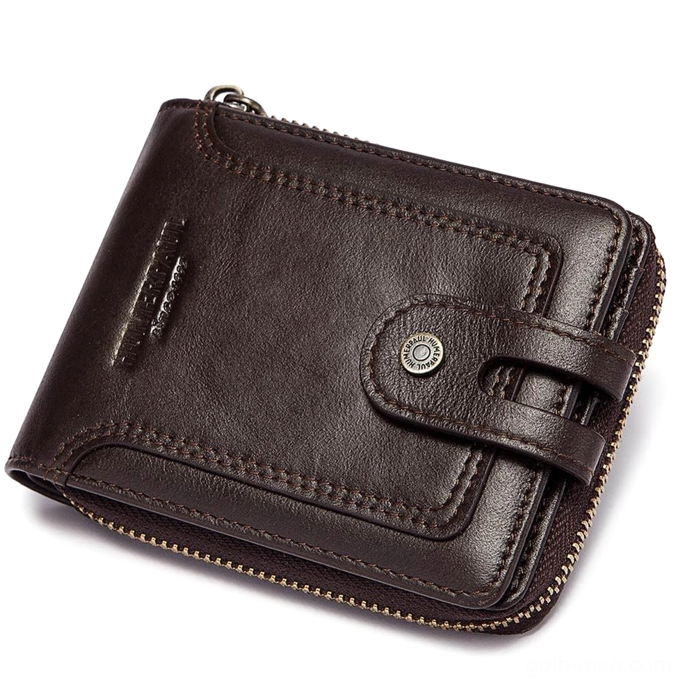 Coffee brown genuine leather men's short wallet with metal zipper and buckle closure, 3/4 front view