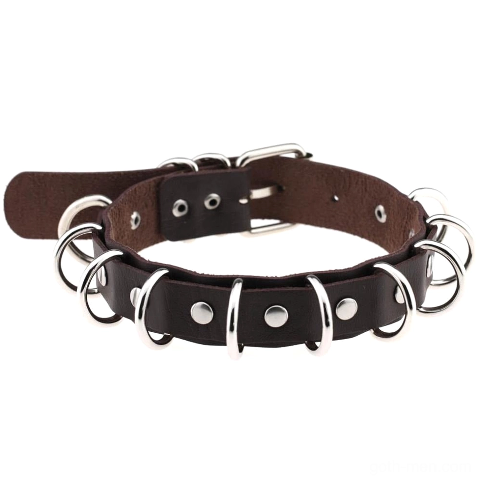 Dark brown coffee-colored faux leather choker with zinc alloy metal rings on white background