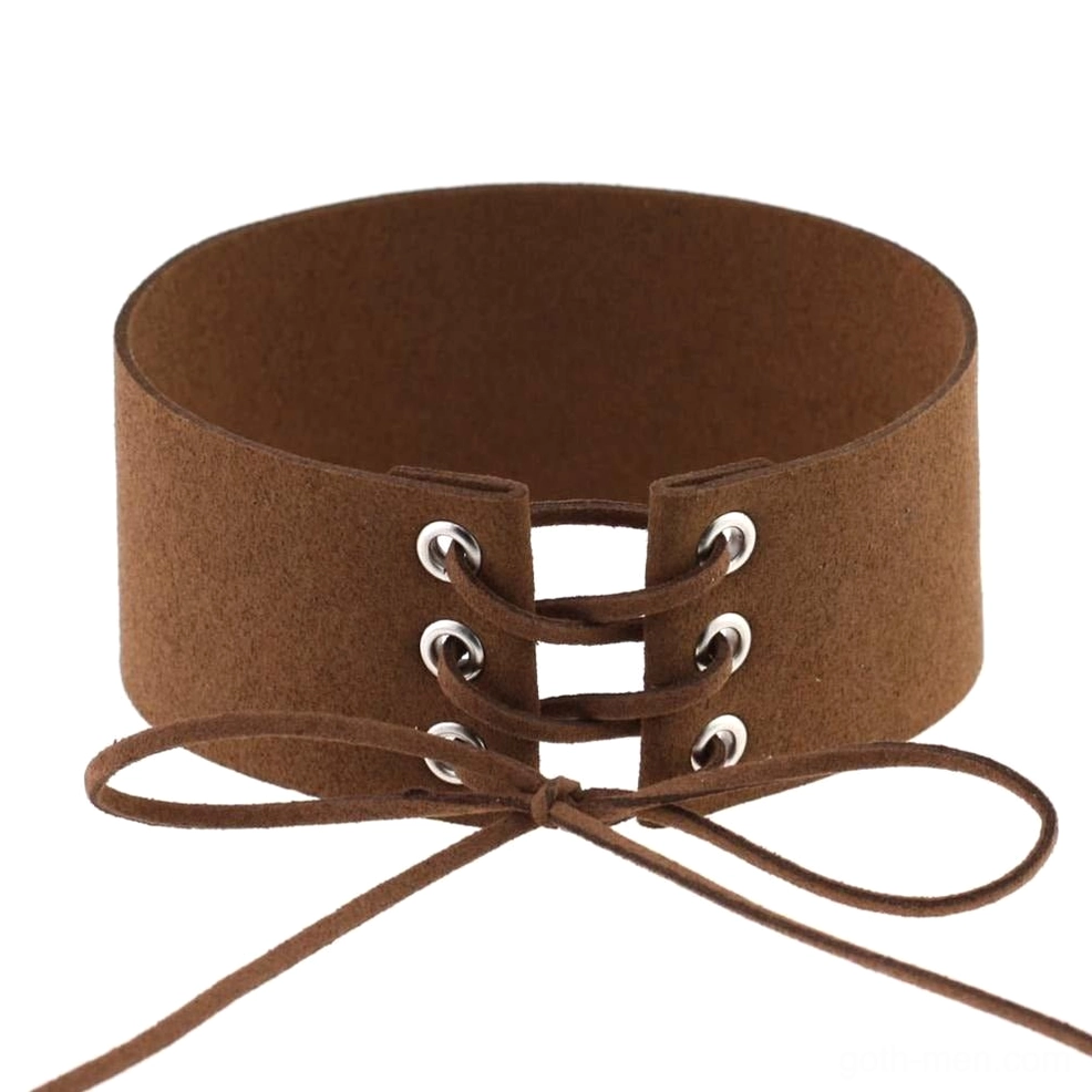 Dark coffee brown suede velvet gothic choker with tied bow lace-up closure