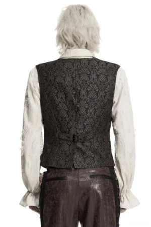 Back view of coffee jacquard gothic waistcoat showing adjustable waist buckle and full pattern coverage