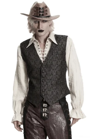 Male model wearing coffee brown jacquard gothic waistcoat with deep V-neck, front three-quarter studio view