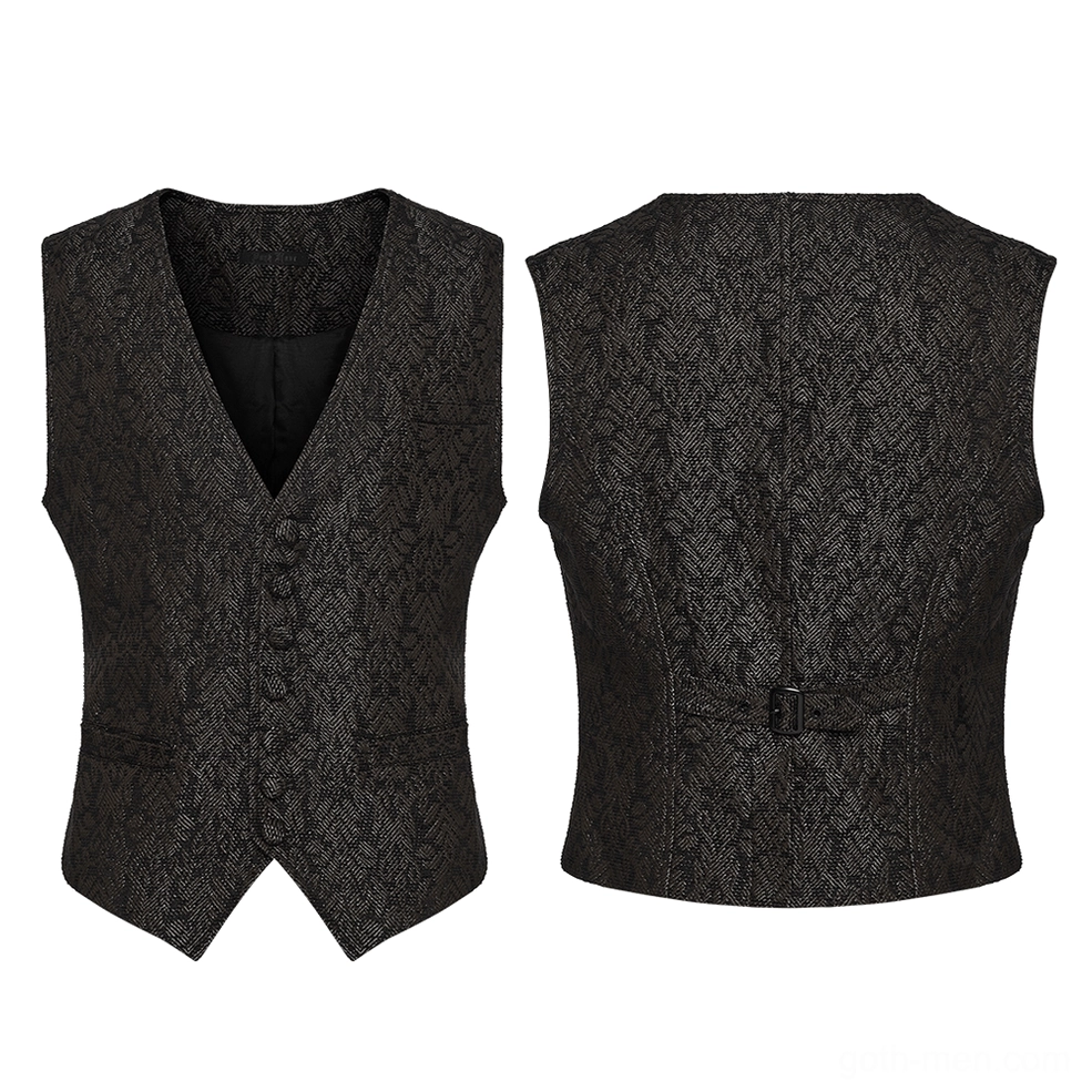 Flat lay front and back view of deep V-neck jacquard waistcoat with button closure details