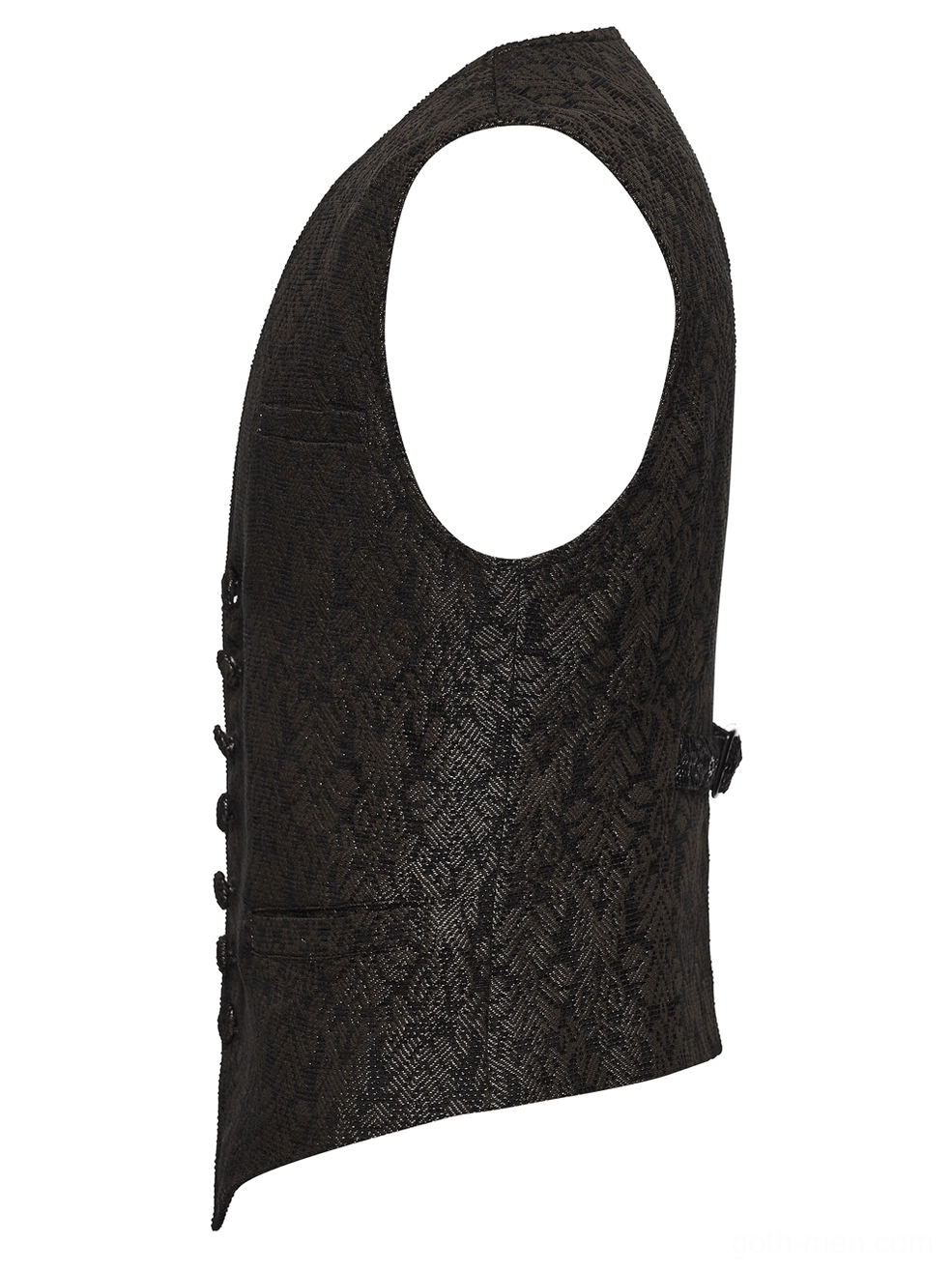 Side view flat lay of coffee jacquard waistcoat revealing tailored armholes and side button details
