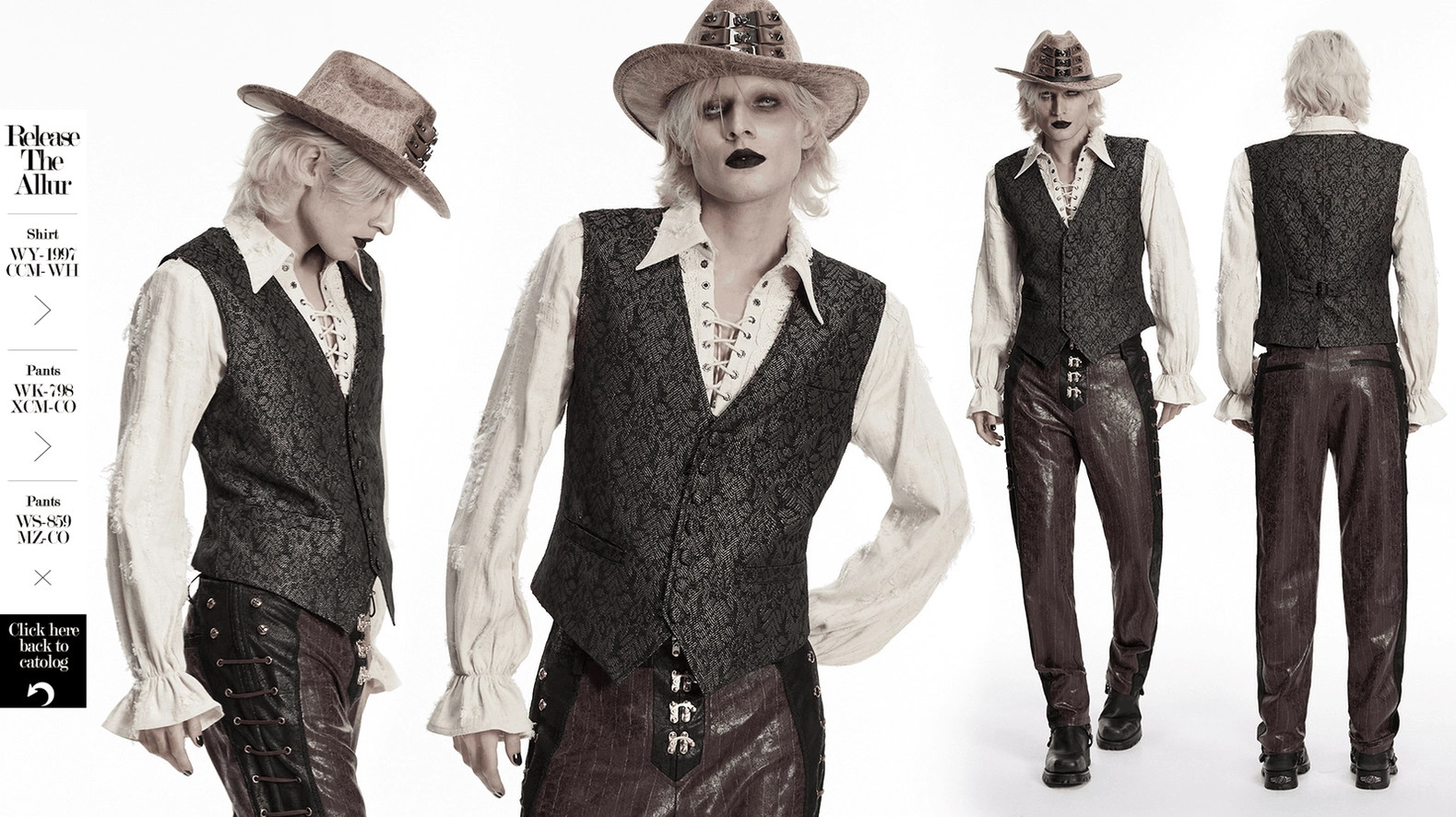 Upper torso close-up: deep V-neck and shoulder tailoring of coffee jacquard gothic waistcoat