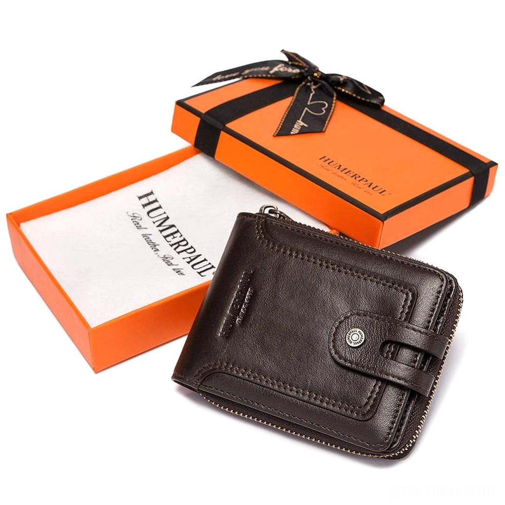 Coffee brown genuine leather compact wallet displayed with branded gift box and ribbon