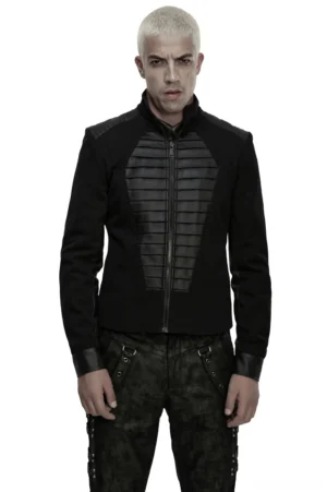 Black coffin panel military denim jacket front view with leather accents on model, alternative gothic styling
