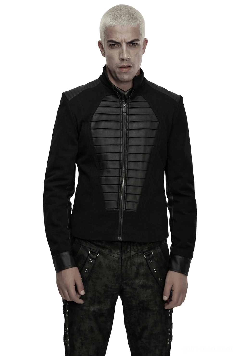 Black coffin panel military denim jacket front view with leather accents on model, alternative gothic styling
