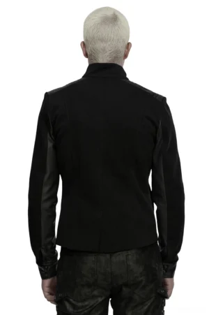 Gothic punk jacket rear view showing solid denim back and leather sleeve panels on model, structured silhouette