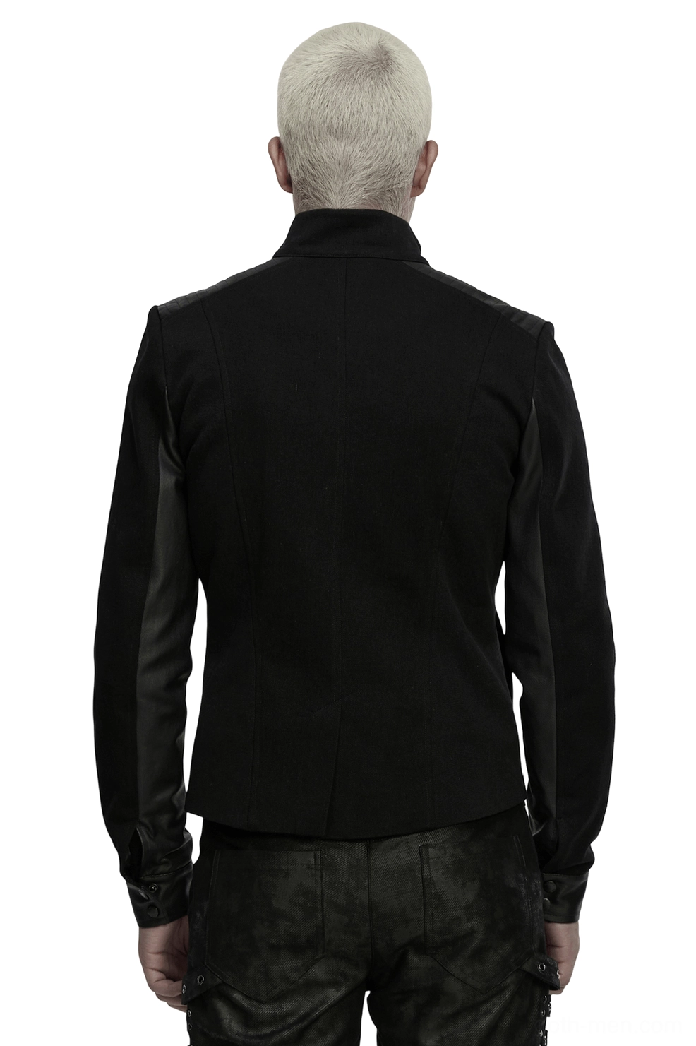 Gothic punk jacket rear view showing solid denim back and leather sleeve panels on model, structured silhouette