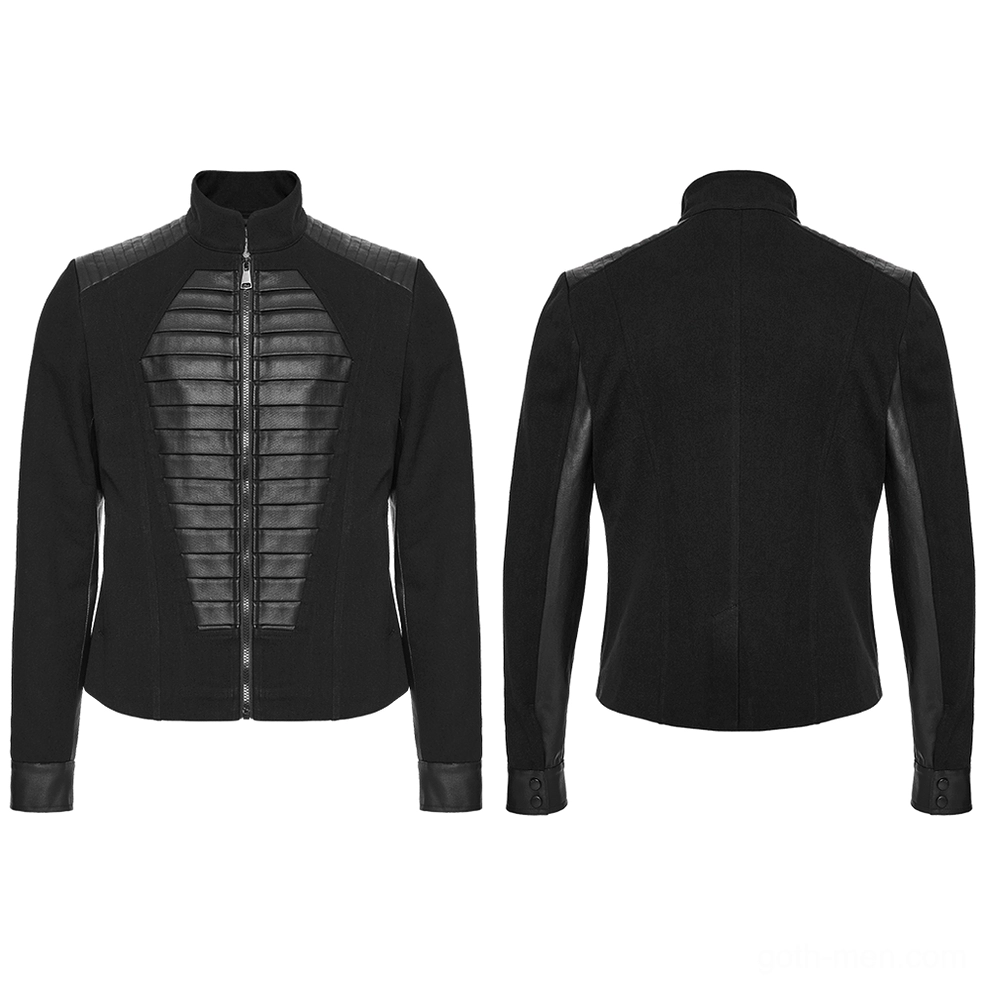 Coffin panel military jacket flat lay front and rear views, dual material black design with leather details
