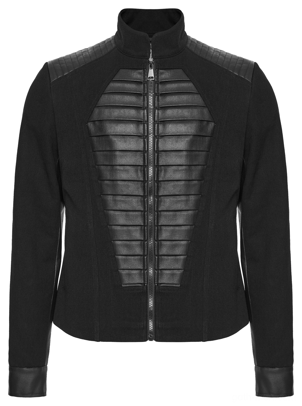 Gothic military denim jacket front flat lay showing coffin-shaped quilted leather panel, metal zipper closure