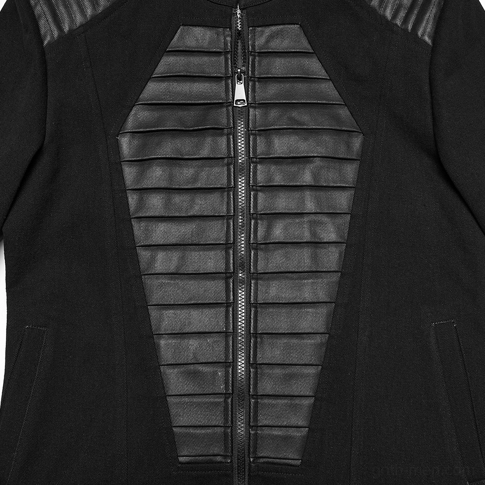 Front detail of coffin-shaped quilted leather panel with metal zipper on gothic punk military jacket