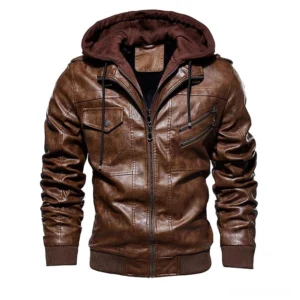 Men's hooded cognac brown faux leather moto jacket alternative style front view
