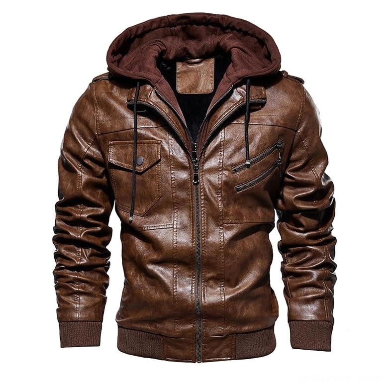 Men's hooded cognac brown faux leather moto jacket alternative style front view