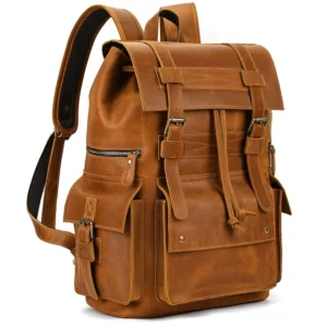 Cognac brown vintage matte leather gothic backpack with drawstring closure - front oblique studio view
