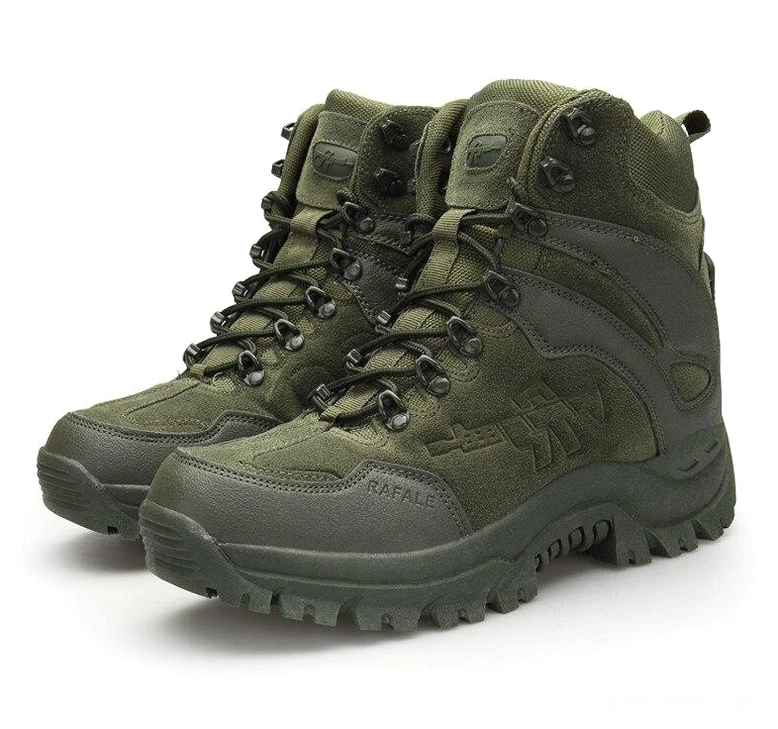 Matching pair of olive green tactical combat boots front flat angle with embossed detailing