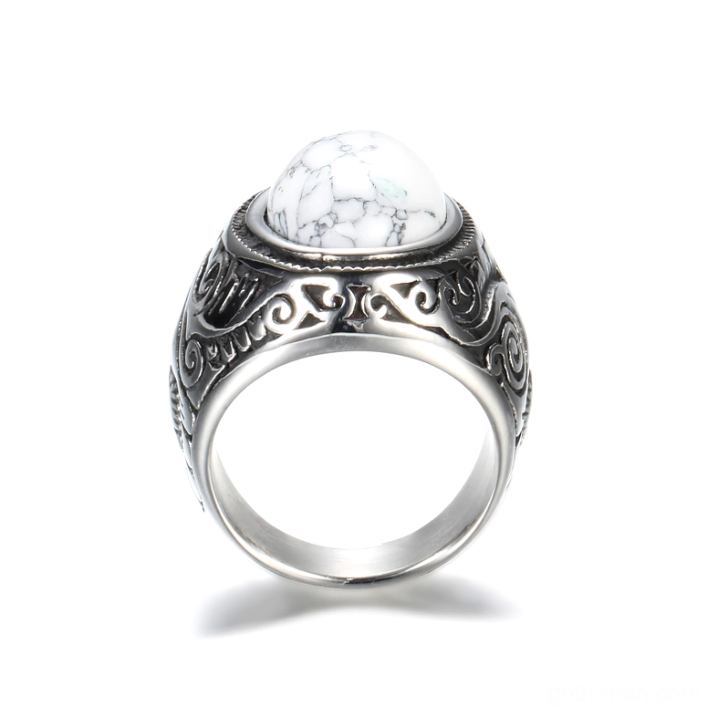 Compact gothic cracked white stone ring stainless steel, direct top view showing stone inlay detail and band width