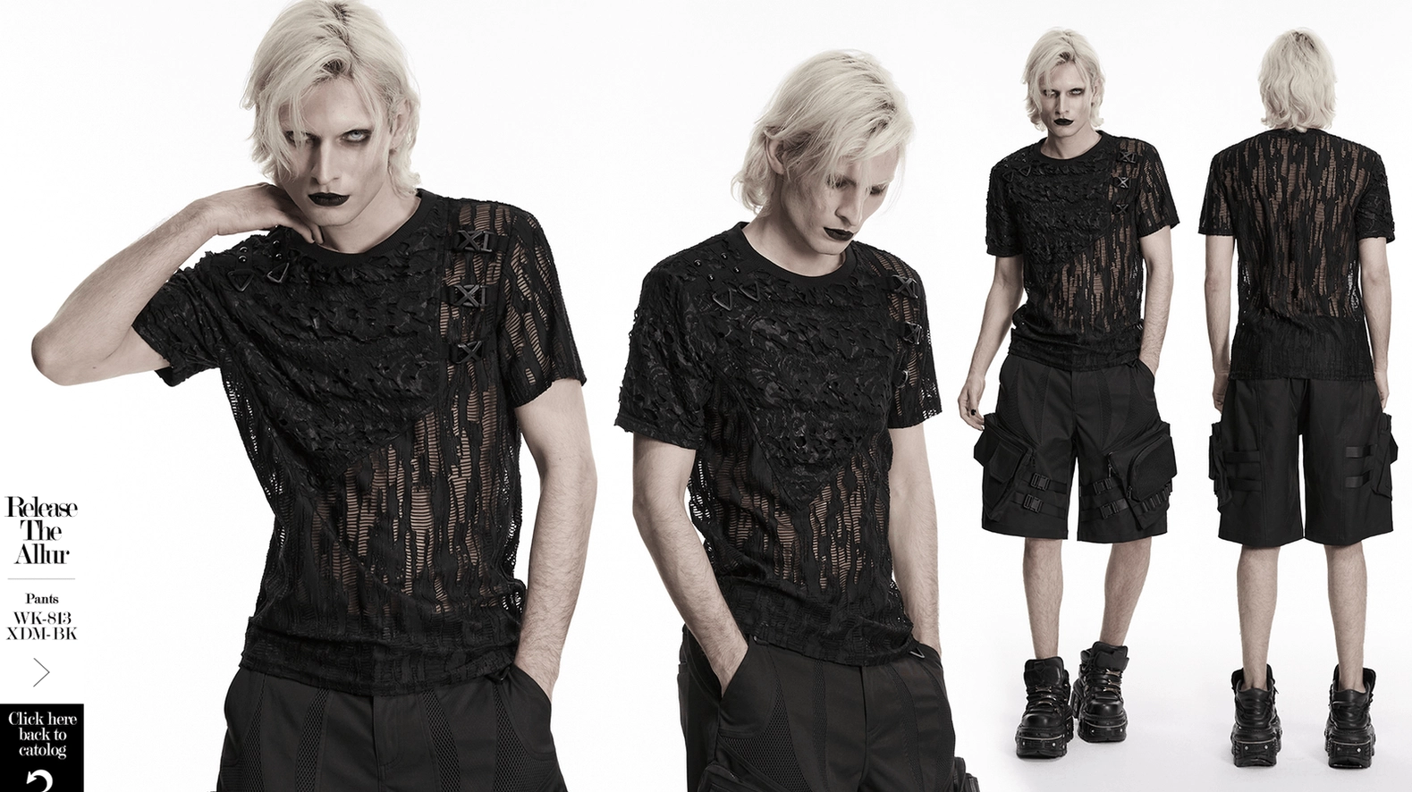 Black mesh lace-up gothic T-shirt presenting complete silhouette with all design features including hardware and asymmetric panels