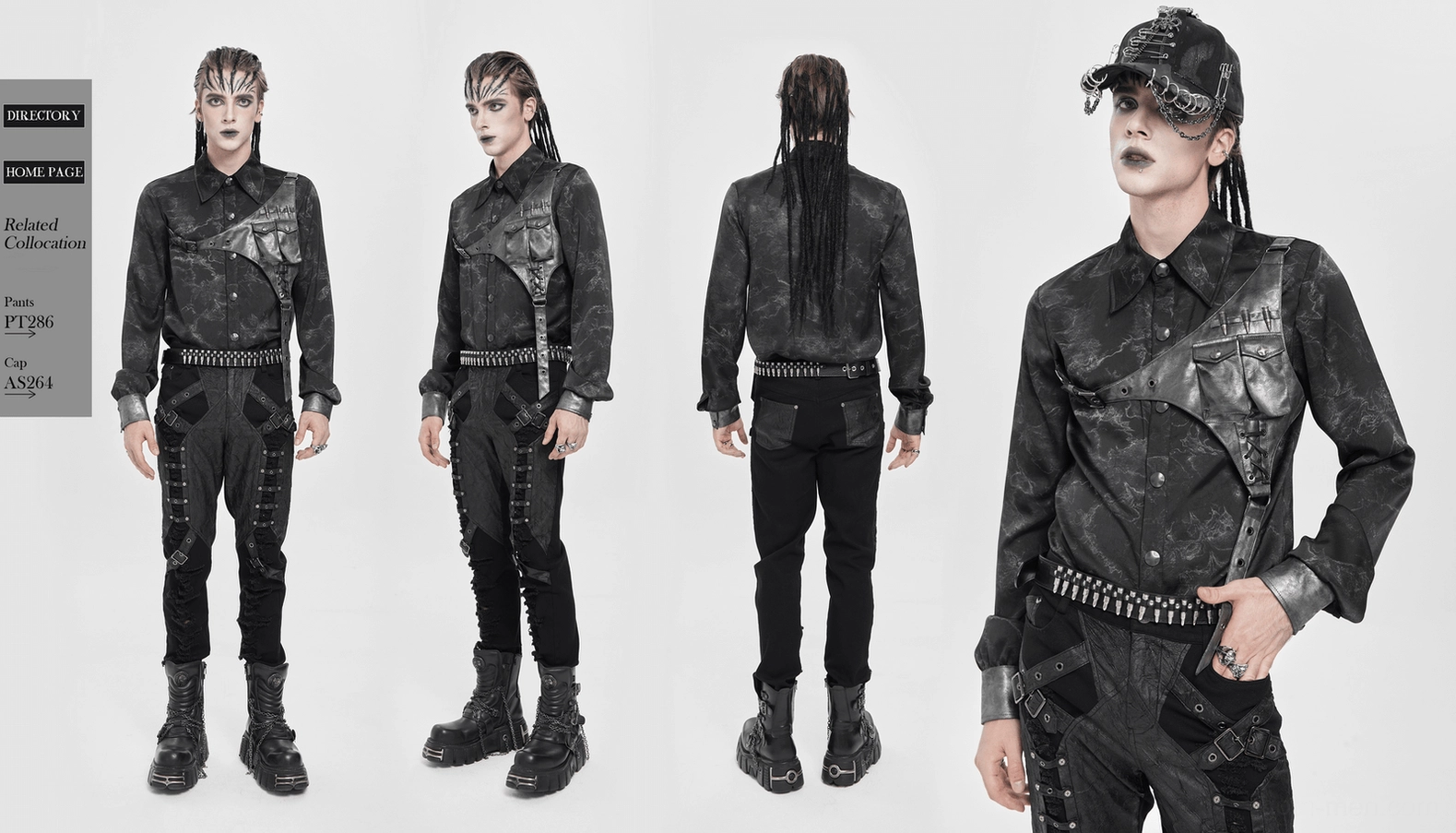 Complete styling view of black asymmetrical harness gothic shirt on male model