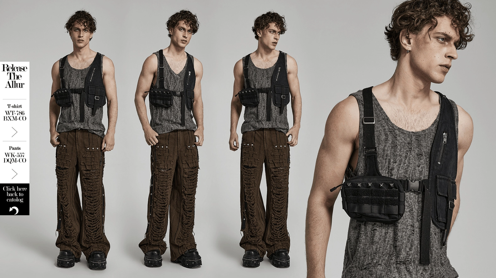 Complete tactical harness ensemble with detachable pouch, gothic punk aesthetic crossbody bag