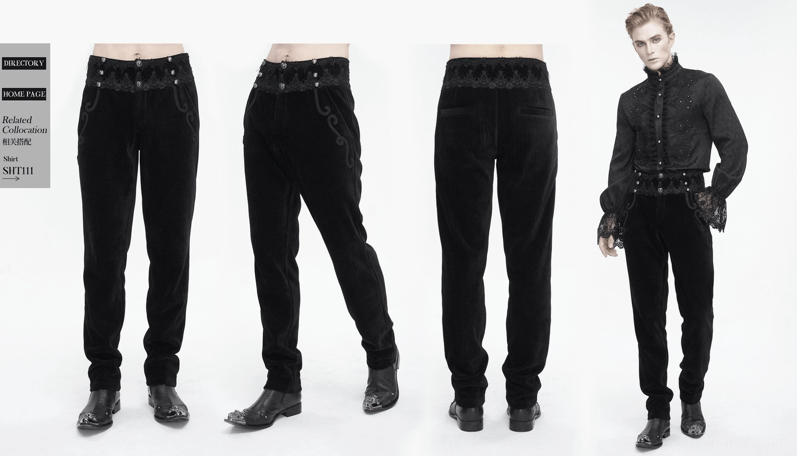Black corduroy gothic pants close-up showing lace waistband construction and fabric quality