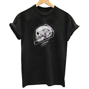 Cosmic skeleton graphic tee flat lay on wooden hanger, black cotton short sleeve loose fit gothic t-shirt with space skull design