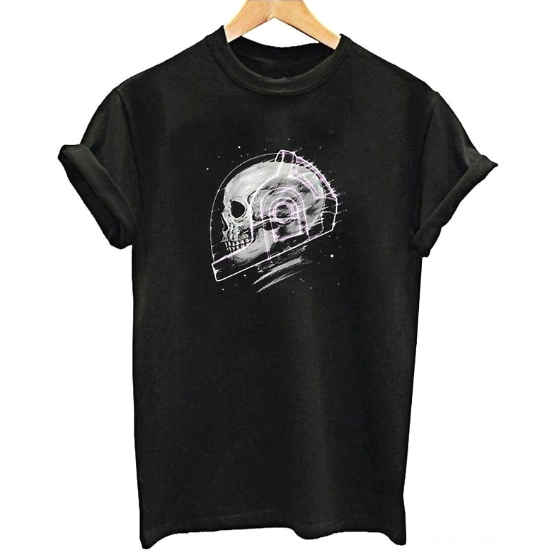 Cosmic skeleton graphic tee flat lay on wooden hanger, black cotton short sleeve loose fit gothic t-shirt with space skull design