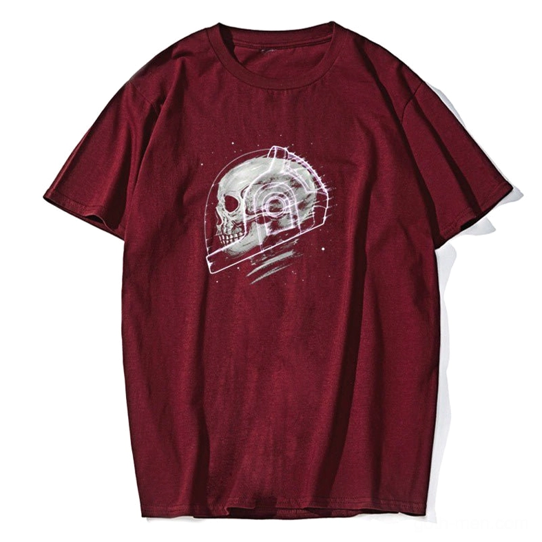 Burgundy cosmic skeleton graphic tee detail shot, space skull print close up on short sleeve gothic t-shirt