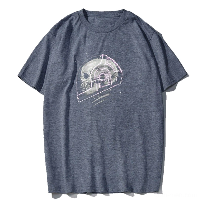 Charcoal gray cosmic skeleton graphic short sleeve tee flat lay, gothic space skull print t-shirt front view