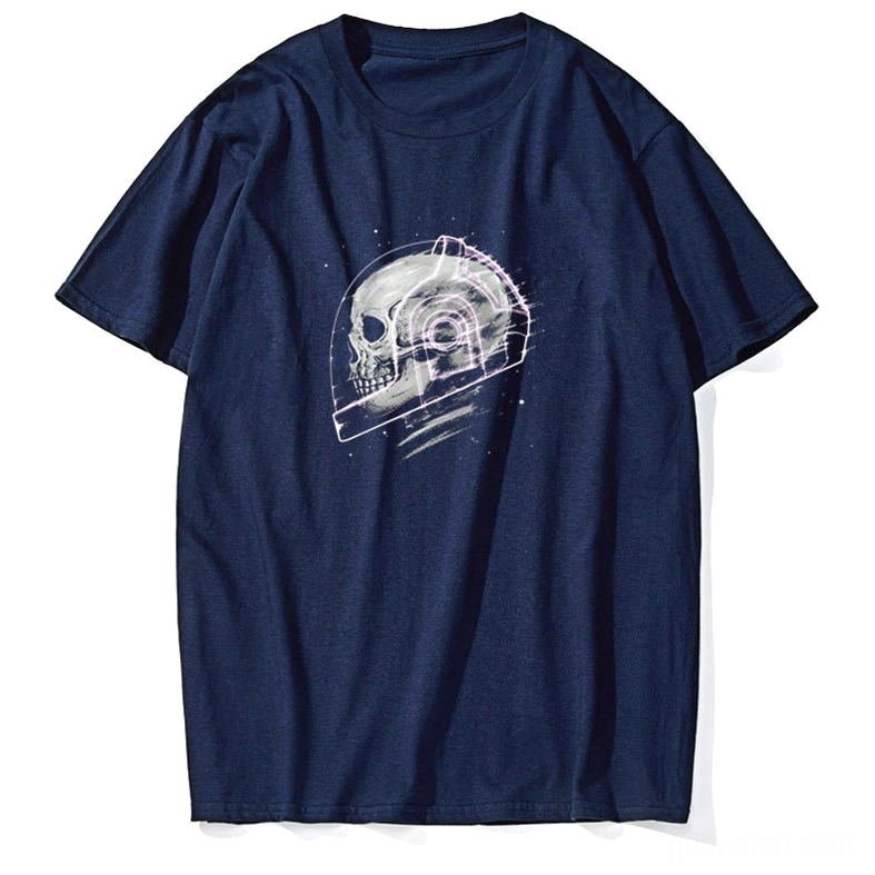Heather gray cosmic skeleton graphic gothic tee detail shot, space skull print on short sleeve t-shirt close up