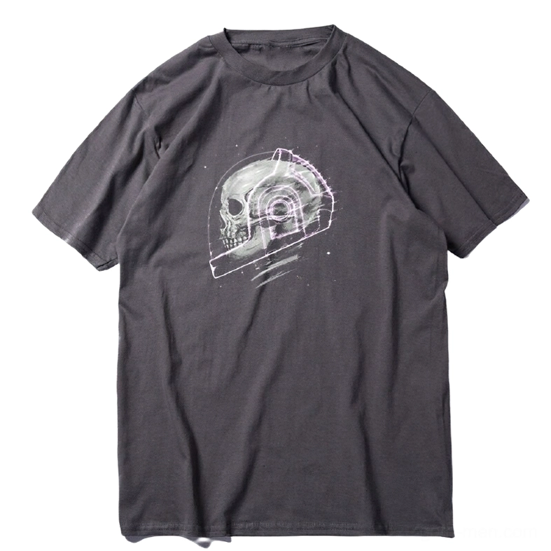 Purple cosmic skeleton graphic gothic tee detail, high quality space skull print on short sleeve t-shirt