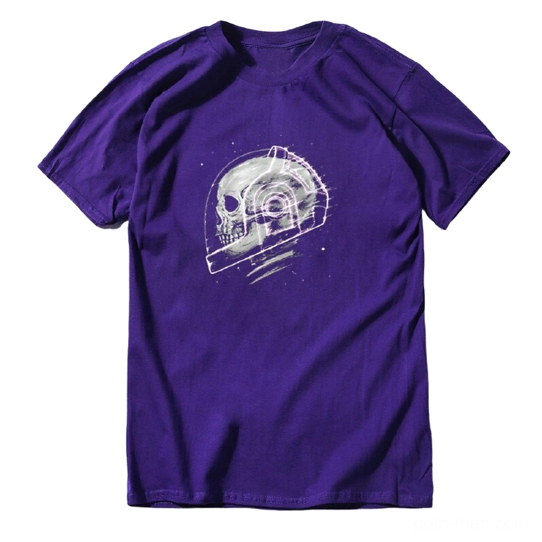 Purple cosmic skeleton graphic gothic short sleeve tee flat lay full front, space skull print design on cotton t-shirt