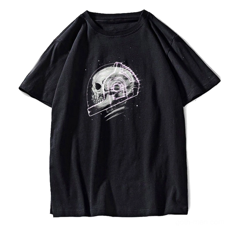 Black cosmic skeleton graphic short sleeve tee flat lay front view, gothic space skull print design on cotton t-shirt