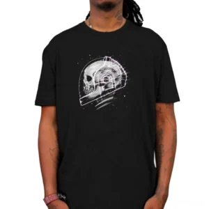 Cosmic skeleton graphic tee worn by model with dreadlocks, black cotton short sleeve gothic t-shirt featuring space skull print front view