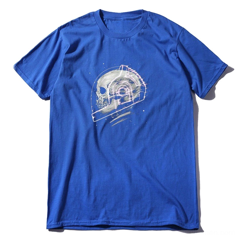 Royal blue cosmic skeleton graphic gothic tee flat lay, short sleeve space skull print t-shirt front view