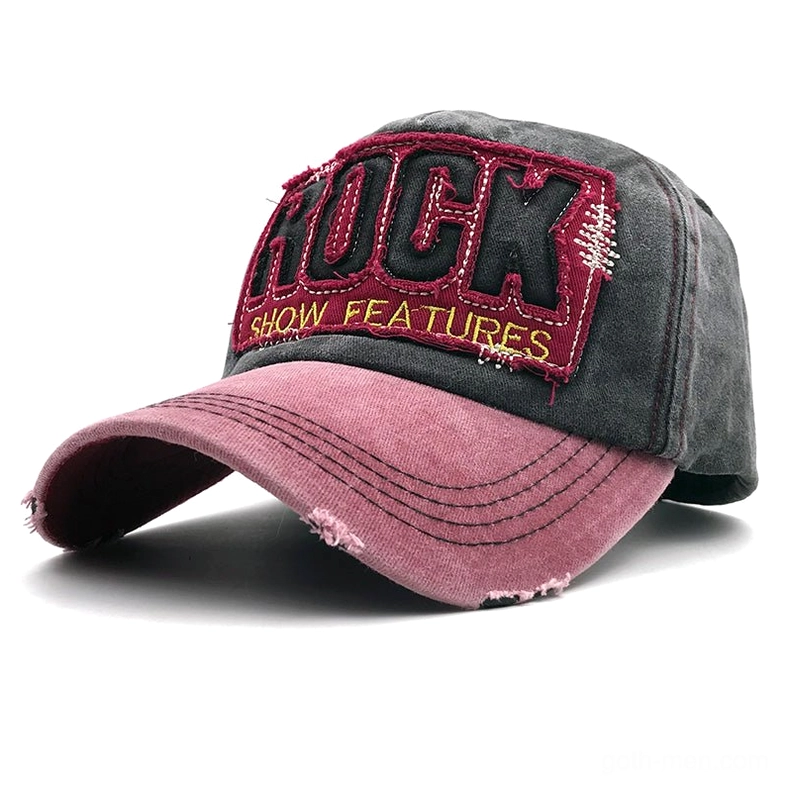Cotton snapback ROCK cap showcasing distressed frayed brim and bold gothic styling