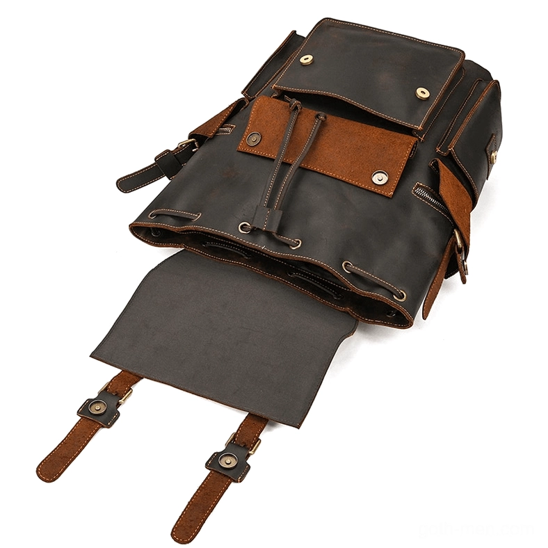 Authentic cow leather gothic backpack in dark brown with full product presentation angle