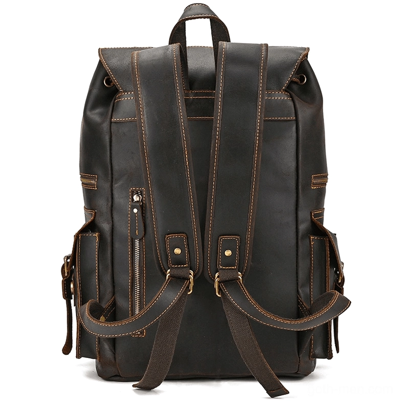 Authentic cow leather gothic backpack showing texture and natural leather grain - close-up view