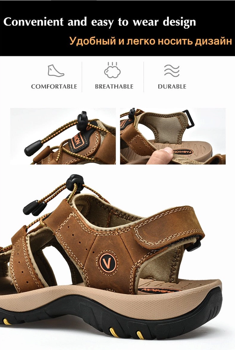 Genuine cow leather gothic sandals for men with geometric pattern details and casual leisure style