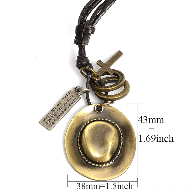 Cowboy hat leather rope pendant necklace with size measurement reference, bronze metal accents and decorative rings