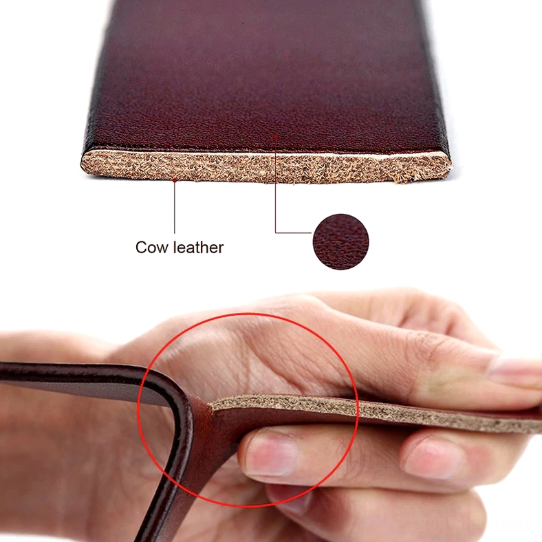 Genuine cowhide leather belt with characteristic grain pattern and matte silver buckle, product showcase