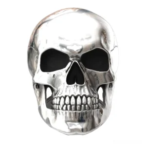 Memento mori skull cocktail ring front view featuring realistic skull face with hollow eyes and detailed teeth carving