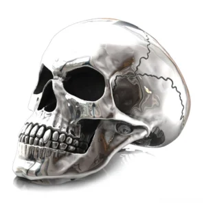 Cracked skull gothic ring silver finish left side view showing detailed skull carving and polished metal band