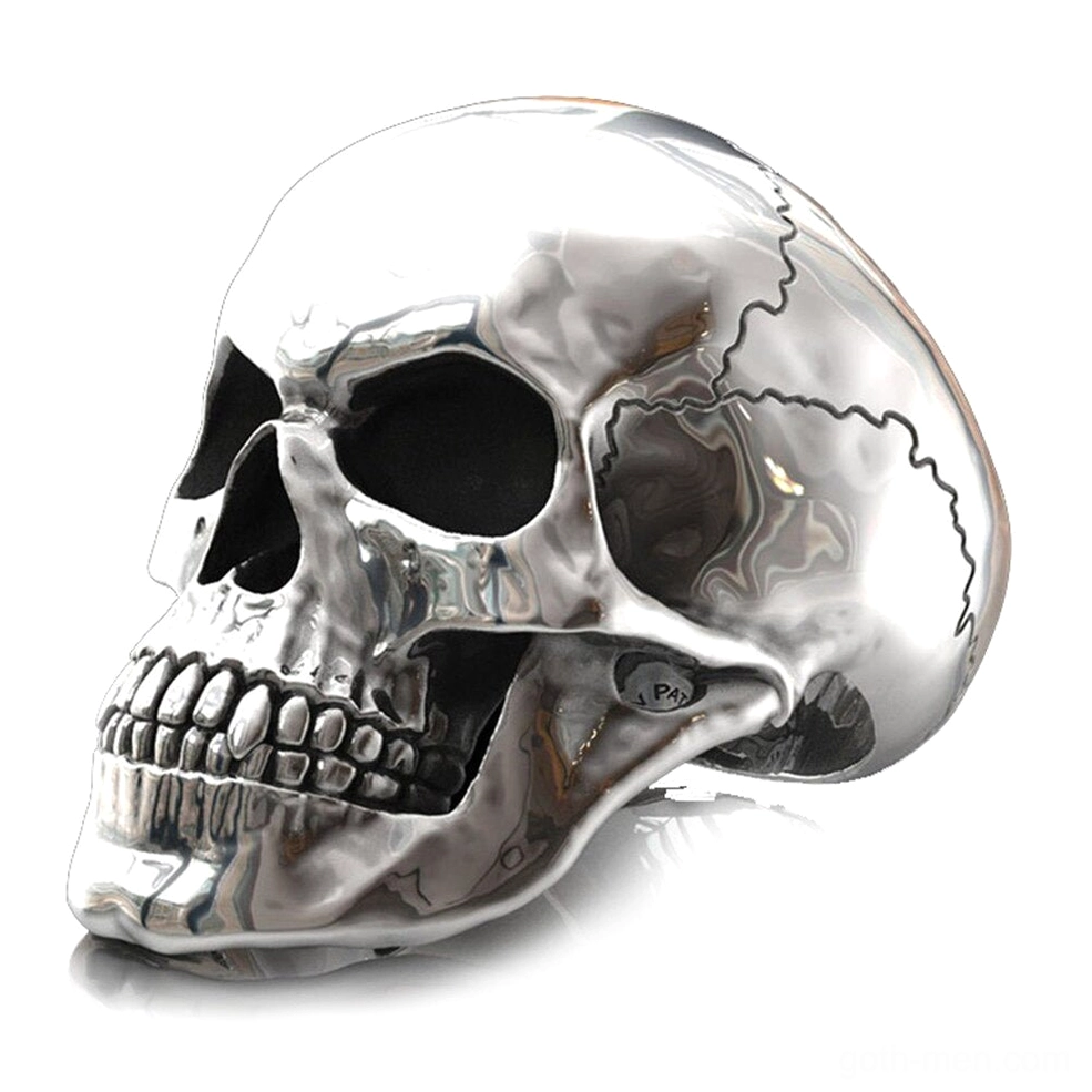 Cracked skull gothic ring silver finish left side view showing detailed skull carving and polished metal band