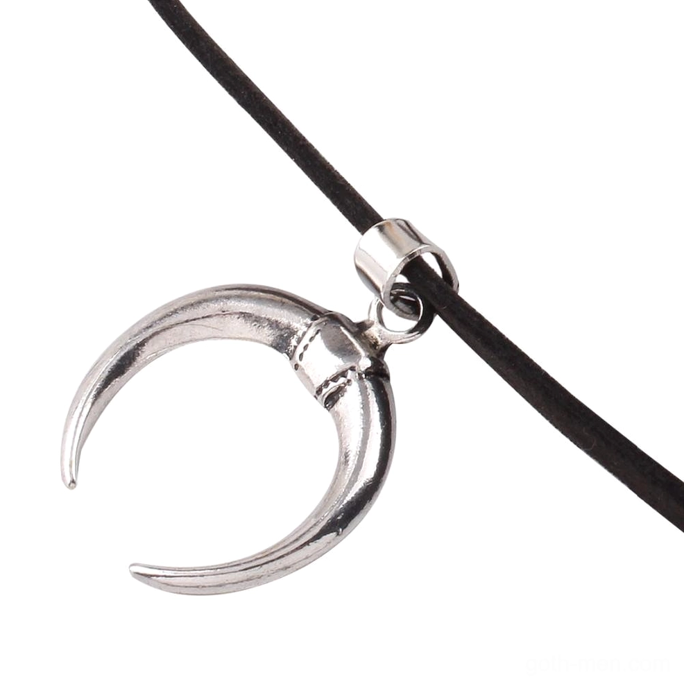 Polished silver crescent moon pendant close-up detail - zinc alloy gothic charm with curved horn shape